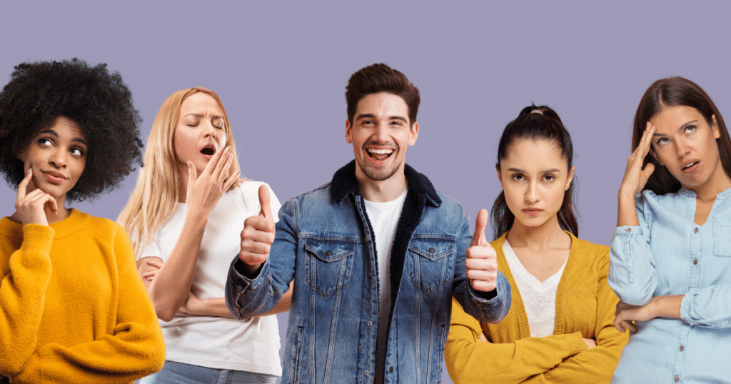 5 people standing with different body languages, one thinking, one yawning, one with thumbs up, on looks annoyed, and one looks disgusted